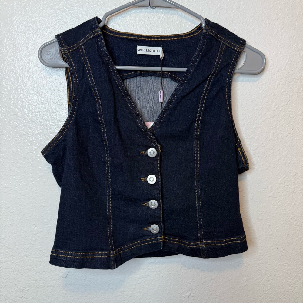 Avec Les Filles Indigo Denim Button Front Vest Size Extra Small New
